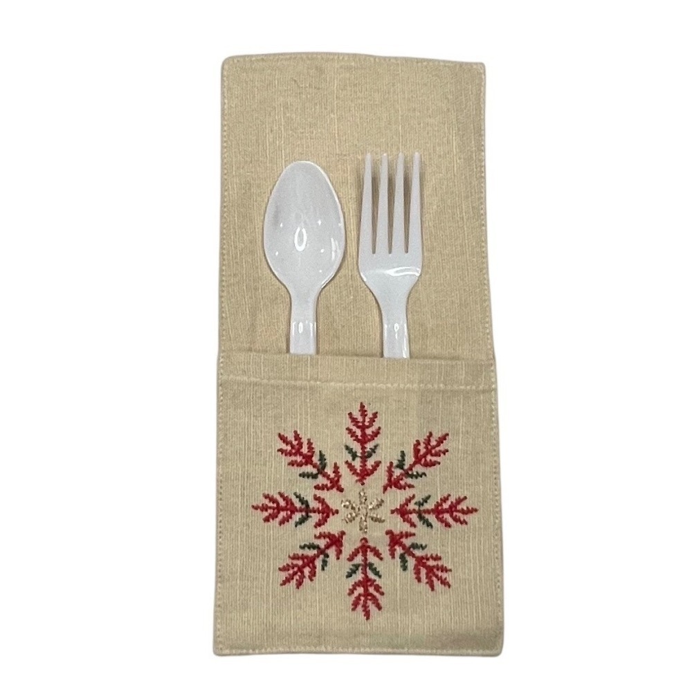 Christmas Snowflake Silverware Holders Set of 8 Embroidered Linen Holiday Decor